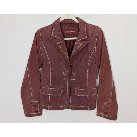 Vintage 90s Y2K Jennyfer J sz. M LEATHER Jacket Blazer Coat Thick Stitching Red - Picture 1 of 11